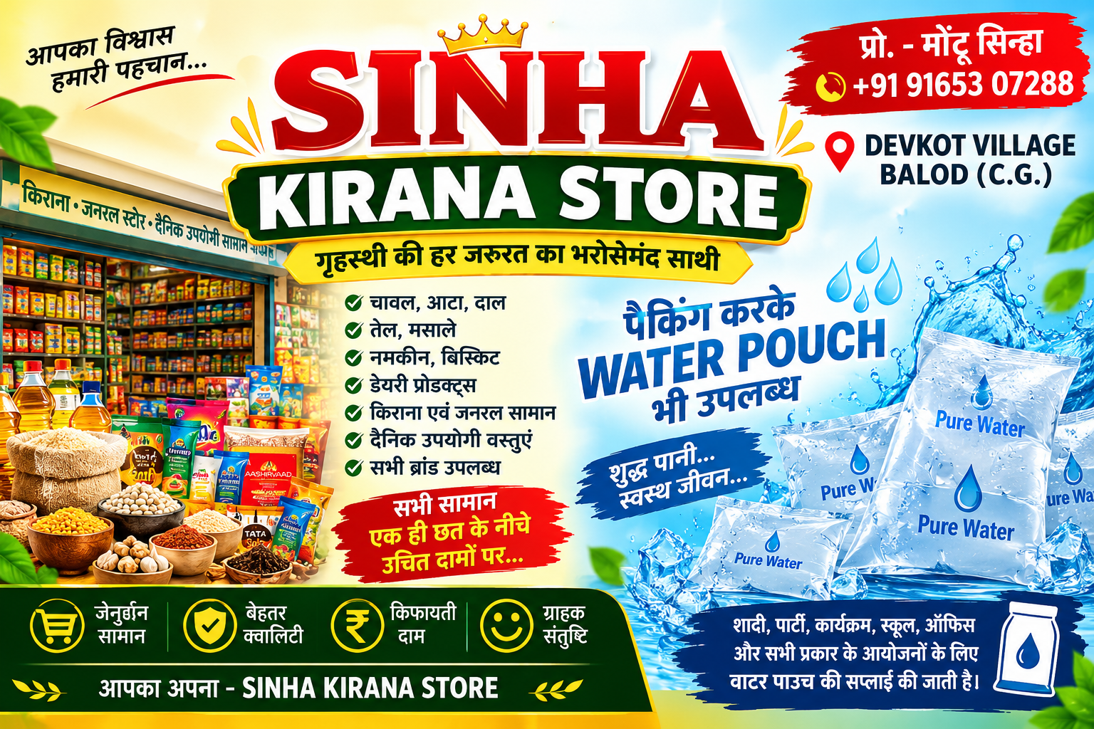 Sinha Kirana Store – Kirana Items and Water Pouch Supply, Devkot, Balod